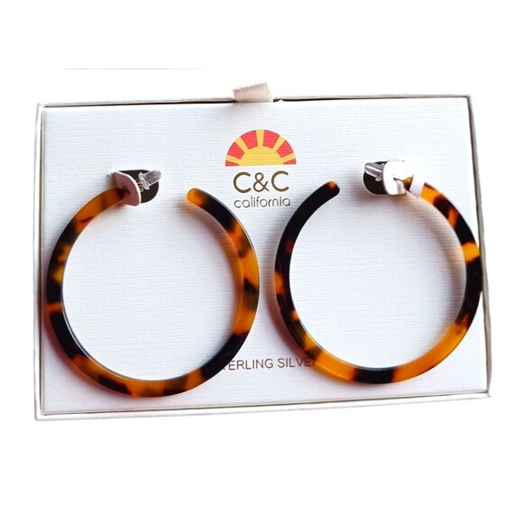 New C & C California Sterling Silver Faux Tortoise Hoop Earrings Old Stock Boxed - Picture 2 of 2